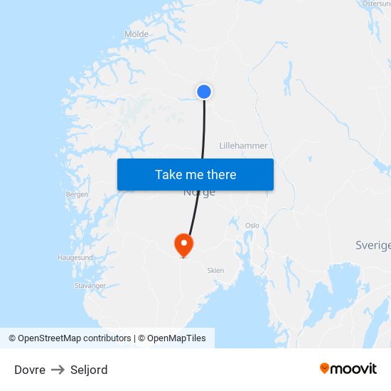 Dovre to Seljord map