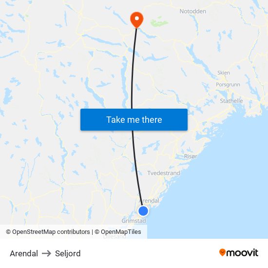 Arendal to Seljord map
