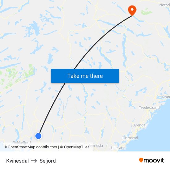 Kvinesdal to Seljord map