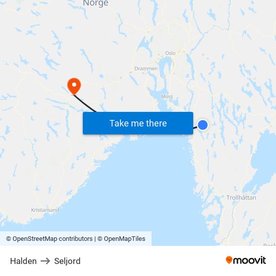 Halden to Seljord map