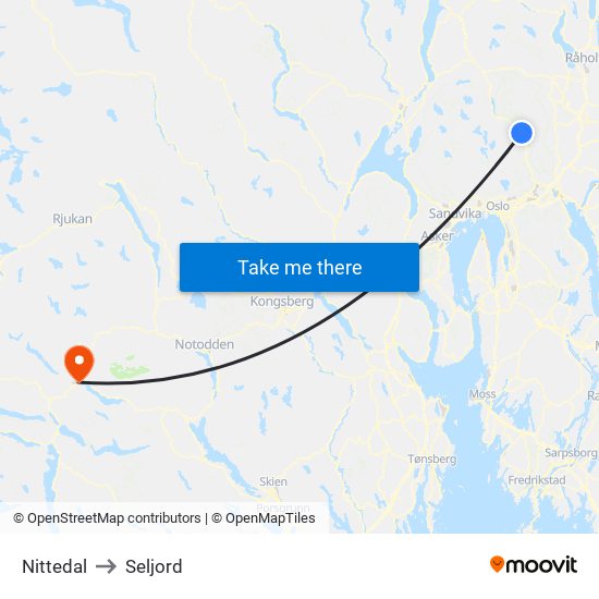 Nittedal to Seljord map