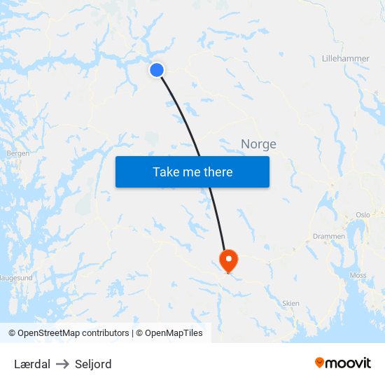Lærdal to Seljord map
