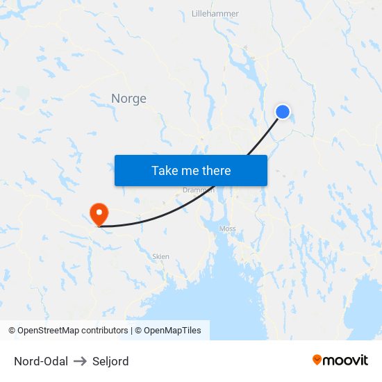 Nord-Odal to Seljord map