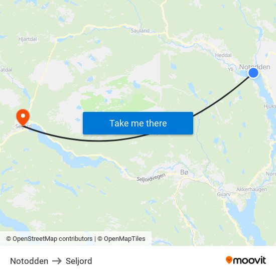 Notodden to Seljord map