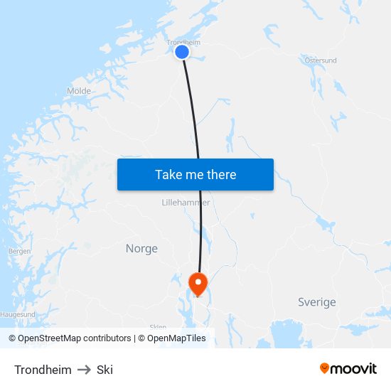 Trondheim to Ski map