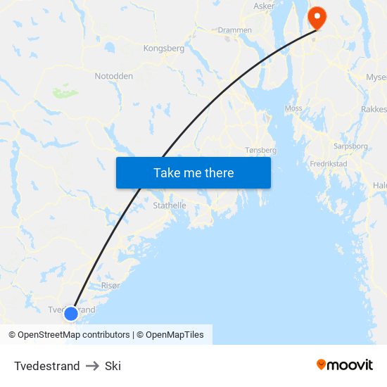 Tvedestrand to Ski map