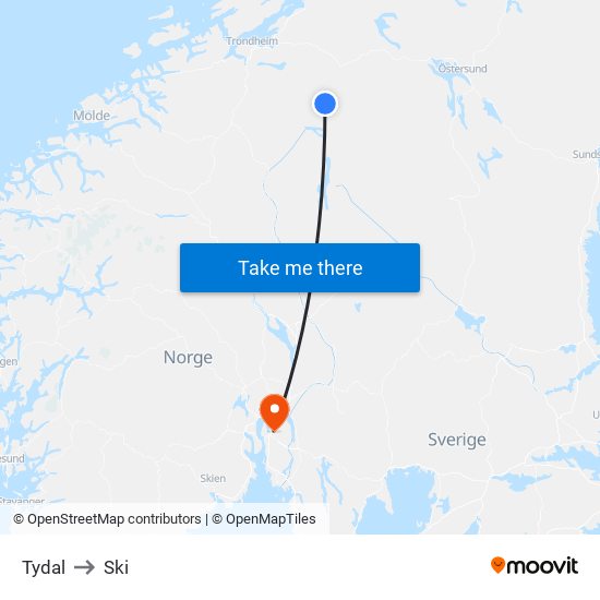 Tydal to Ski map