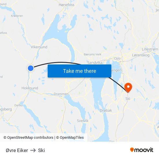 Øvre Eiker to Ski map
