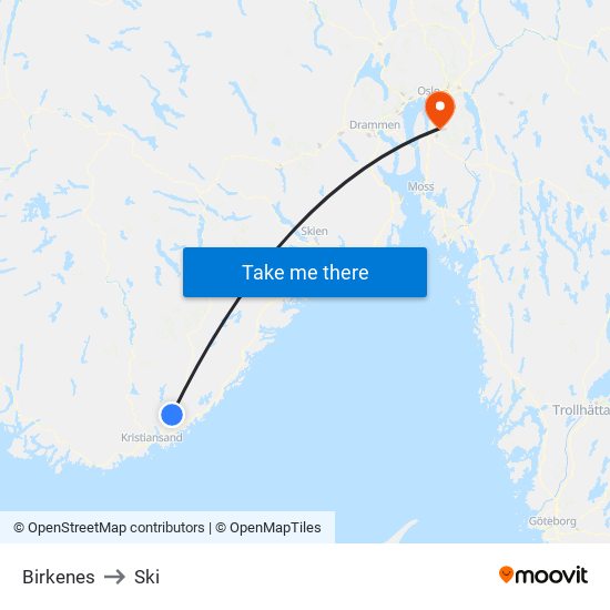 Birkenes to Ski map