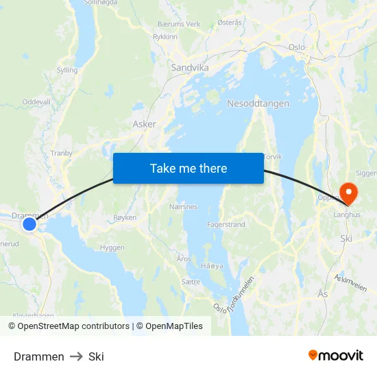 Drammen to Ski map
