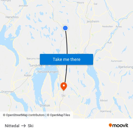 Nittedal to Ski map
