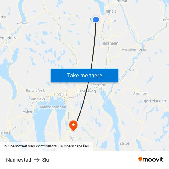 Nannestad to Ski map