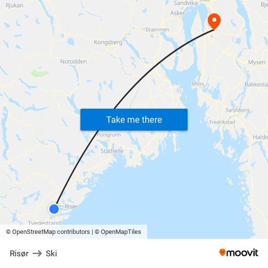 Risør to Ski map