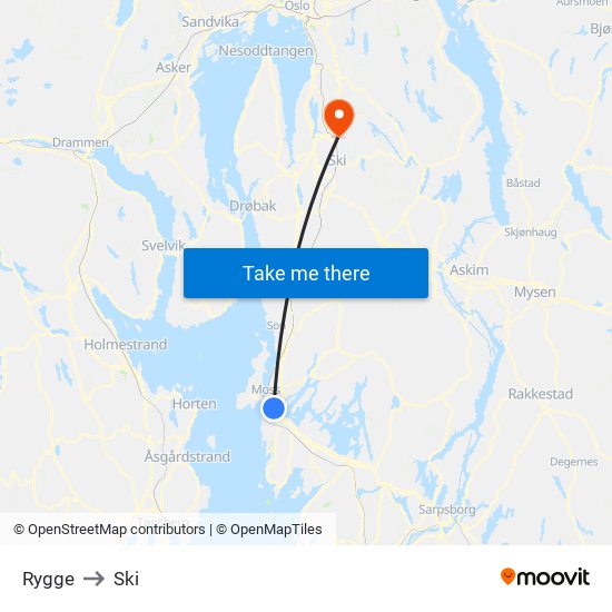 Rygge to Ski map