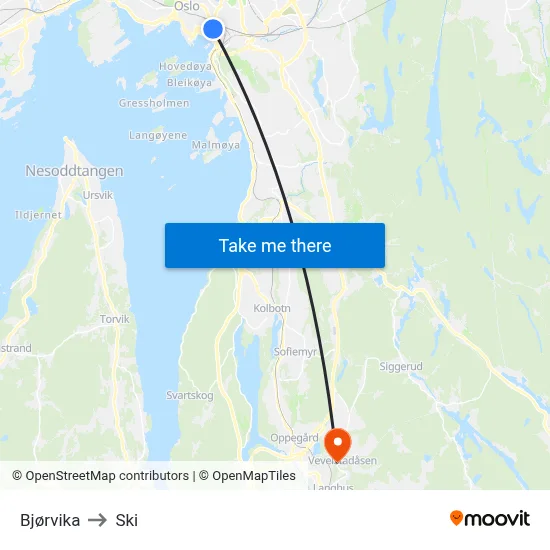 Bjørvika to Ski map