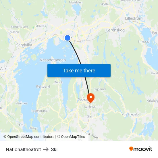 Nationaltheatret to Ski map