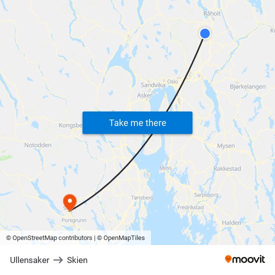 Ullensaker to Skien map