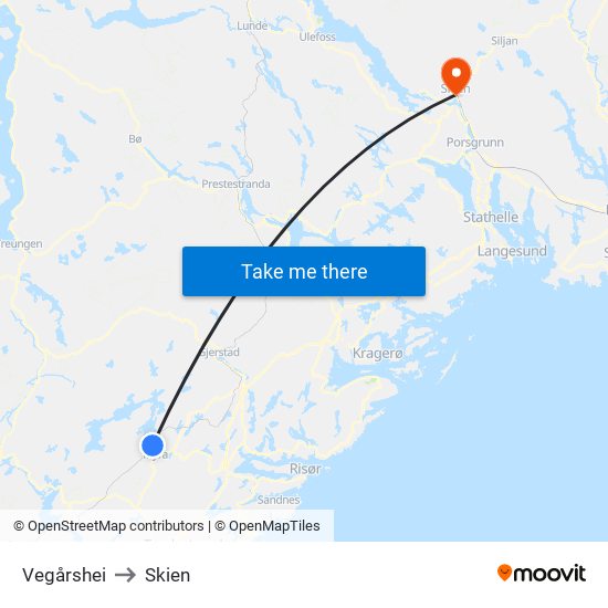 Vegårshei to Skien map