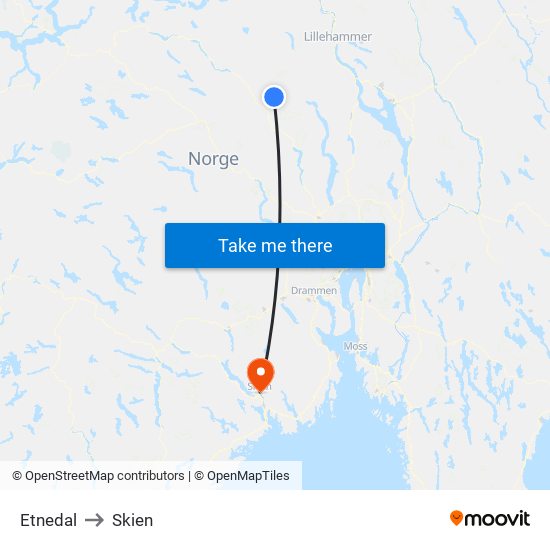 Etnedal to Skien map