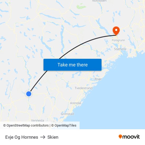 Evje Og Hornnes to Skien map