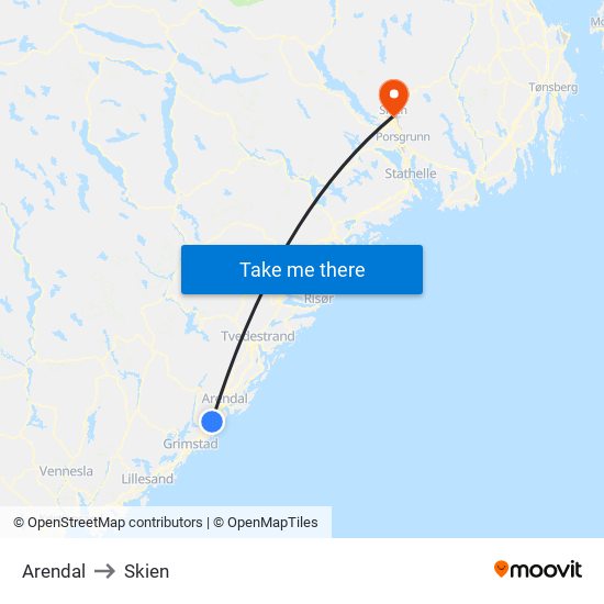 Arendal to Skien map