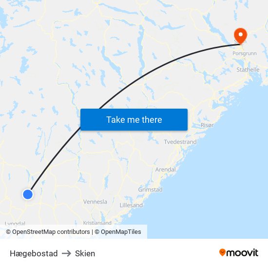 Hægebostad to Skien map