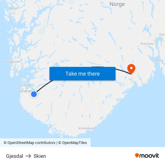 Gjesdal to Skien map