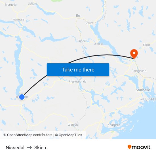 Nissedal to Skien map