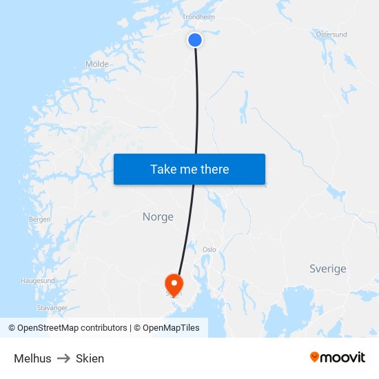 Melhus to Skien map