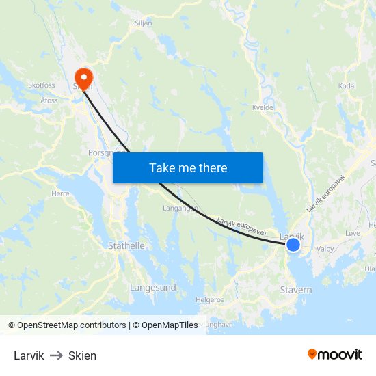 Larvik to Skien map