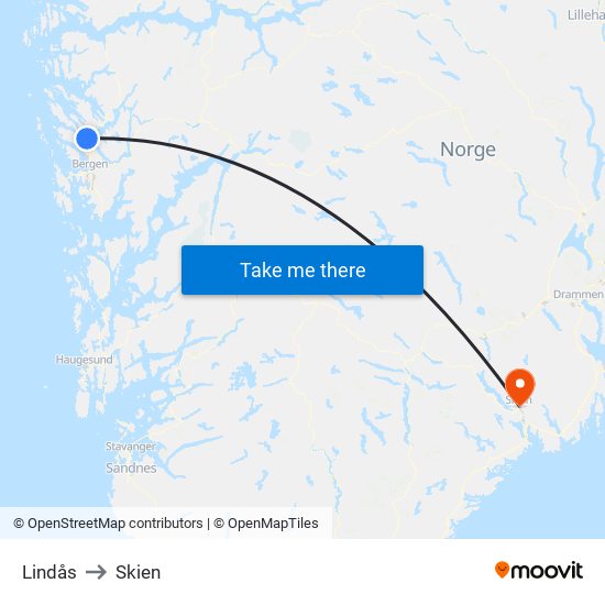 Lindås to Skien map