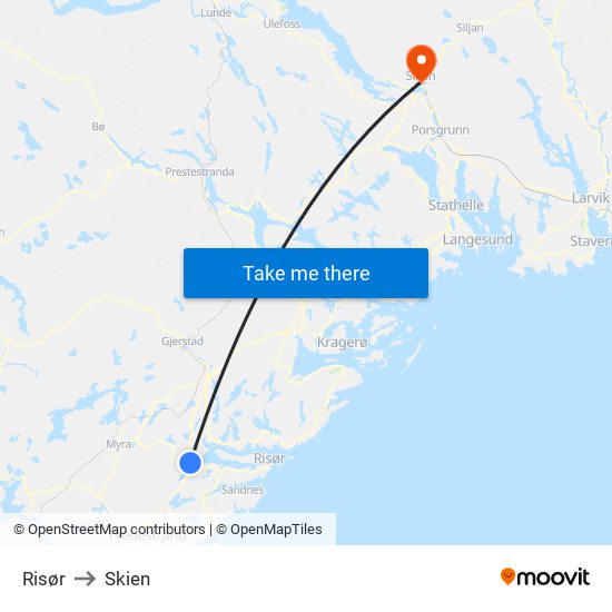 Risør to Skien map