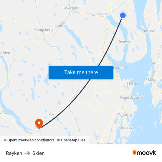 Røyken to Skien map