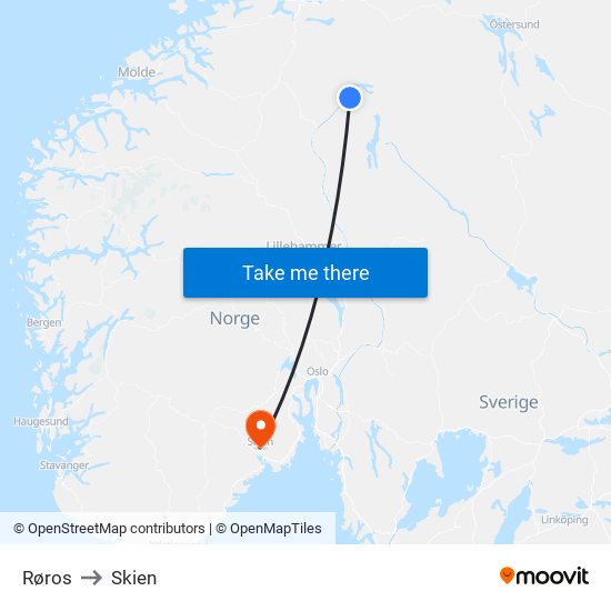 Røros to Skien map