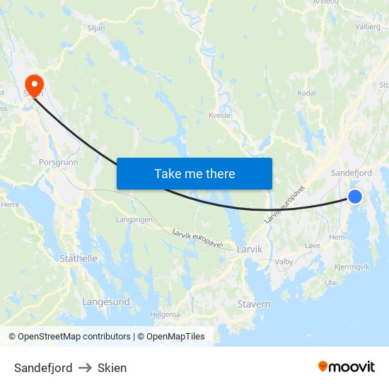 Sandefjord to Skien map