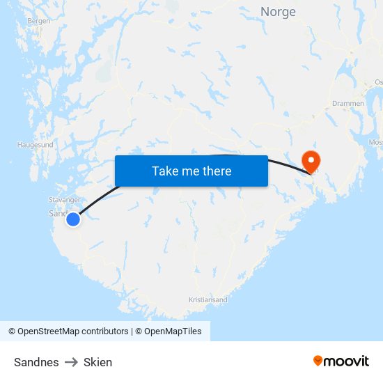 Sandnes to Skien map