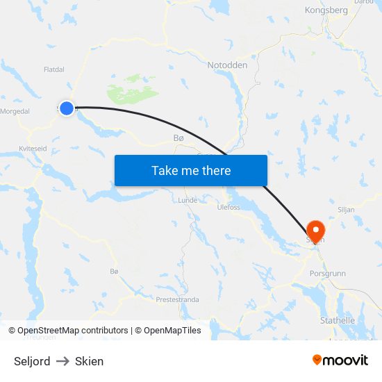 Seljord to Skien map