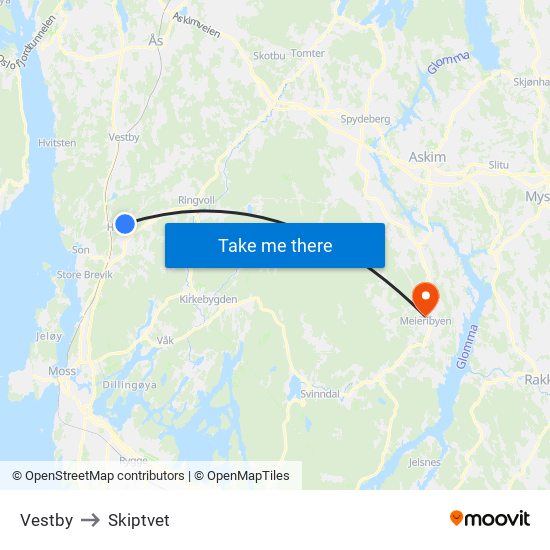 Vestby to Skiptvet map