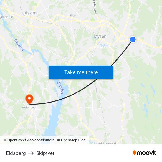 Eidsberg to Skiptvet map