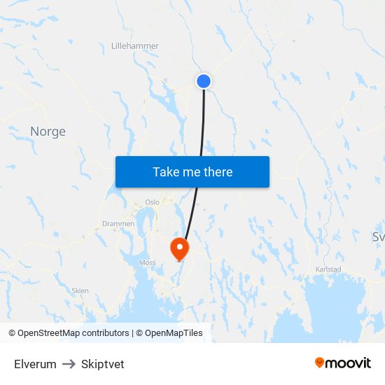 Elverum to Skiptvet map