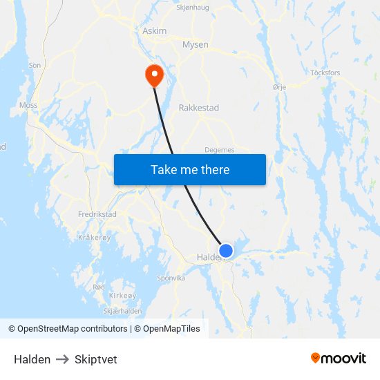 Halden to Skiptvet map