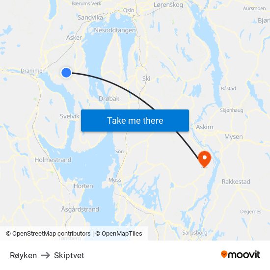 Røyken to Skiptvet map