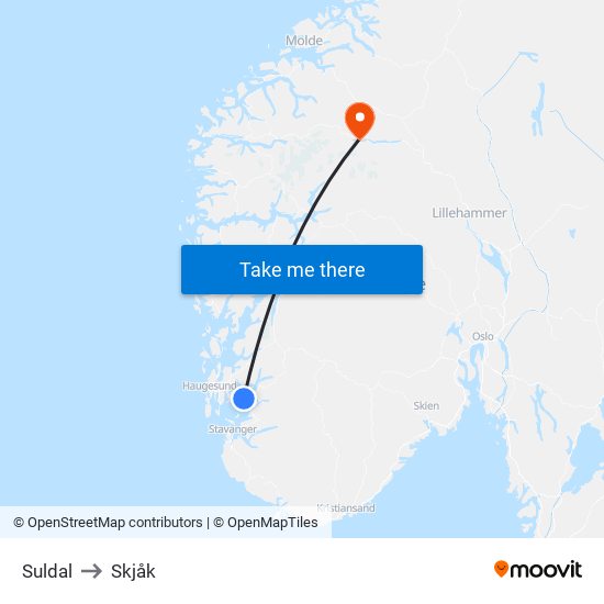 Suldal to Skjåk map