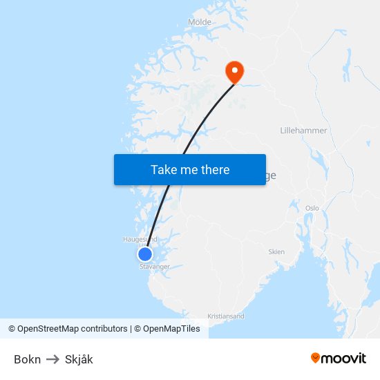 Bokn to Skjåk map