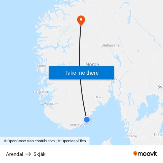 Arendal to Skjåk map