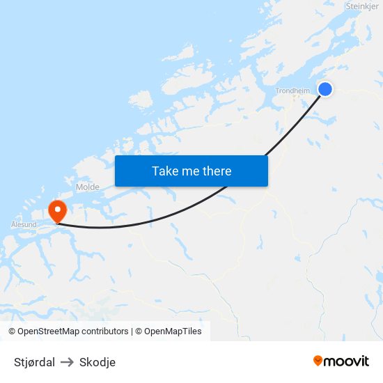 Stjørdal to Skodje map