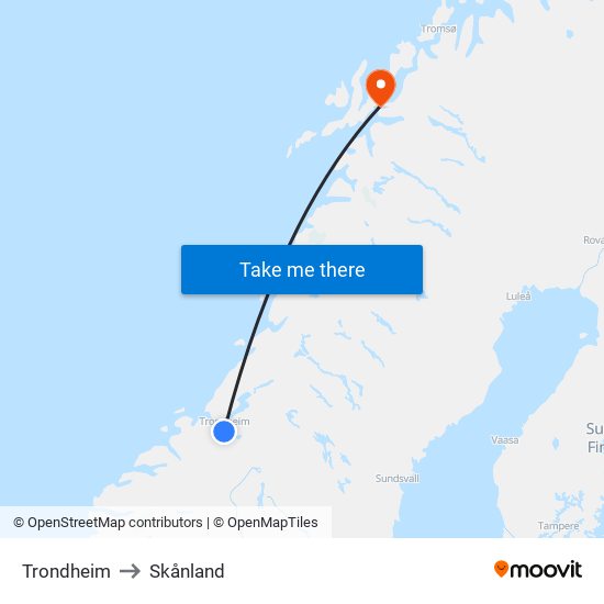 Trondheim to Skånland map