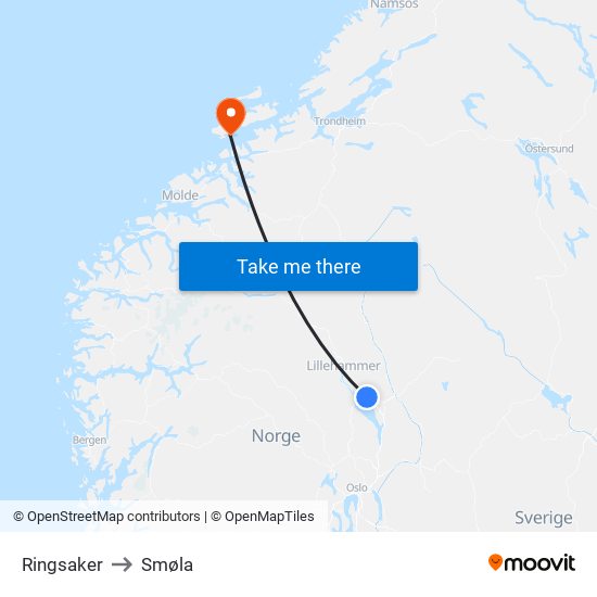 Ringsaker to Smøla map