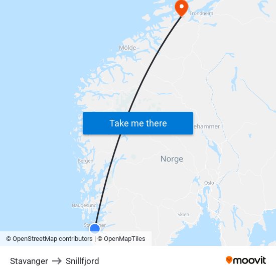 Stavanger to Snillfjord map