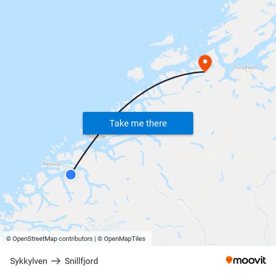 Sykkylven to Snillfjord map